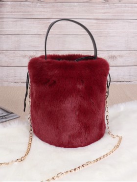Solid Colour Plush Drawstring Bucket Bag